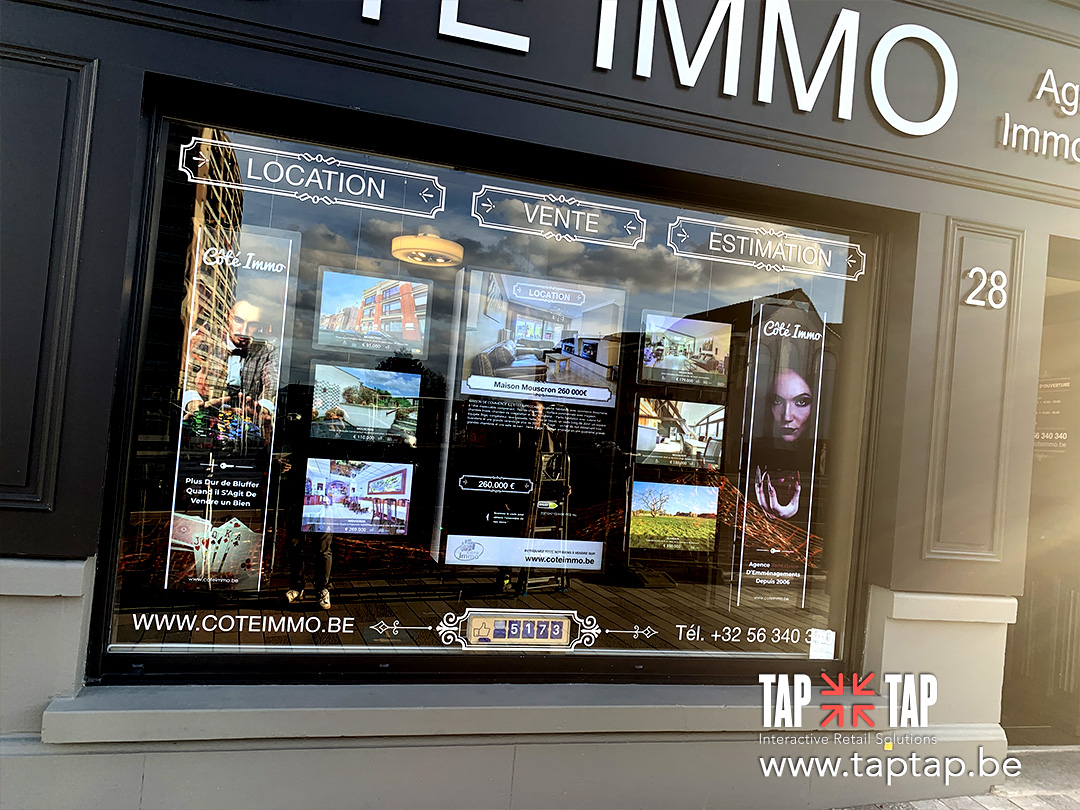 Lettrage Corporatif et écran vitrine pour Agence Immobilière, réalisé par TAPTAP